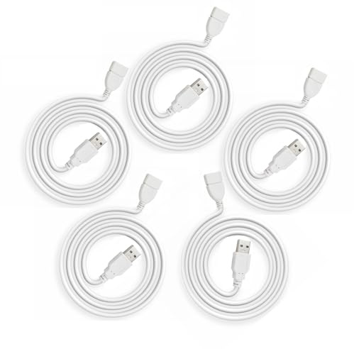 PDEEY White USB Extension Cable 3ft 5 Pack Bulk, USB A 2.0 Male to Female Extender Cord for Printer, Mouse, Keyboard, 480Mbps Transfer Speed