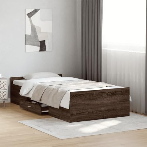 Homvdxl Einfaches Bettgestell mit Bettkasten 100x200 cm Lattenrost Plattformbetten, Einfache Montage, kein Boxspringbett erforderlich - Braun Eiche (Einzelbett)
