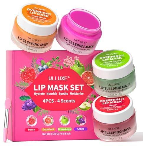 Lip Sleeping Mask 4PCS – Hydrating Lip Balm Set for Women & Men, Overnight Lip Care to Soothe Dry Lips, Mini Lip Balm Collection with Berry, Grapefruit, Green Apple, Grape