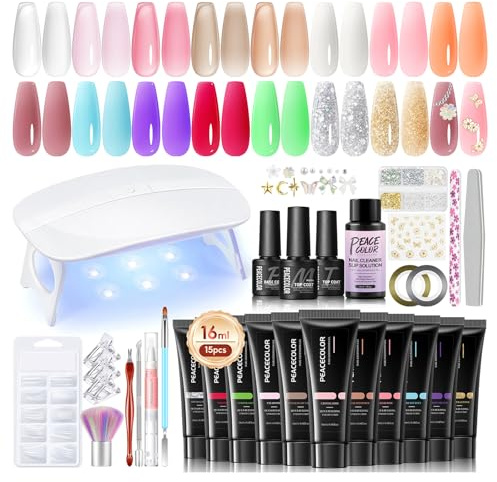 PEACECOLOR Komplett set för nagelförlängning med UV-lamp, 6 färger transparent rosa 16 ml gelnaglar, nagelbyggset med bas- och slutlack samt manikyrverktyg för hemmet | Poly Gel Extension Kit Perfekt för manikyr hemma. Med bas och topplack för att göra vackra nagelförlängningar