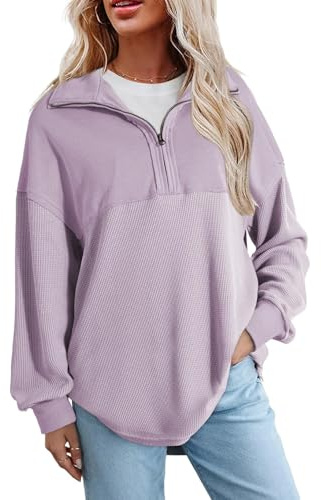 Chicrise Felpa Donna Senza Cappuccio Sportiva Maglie Mezza Zip Leggera Autunno Larghe Maglione Classico Stitch Viola Chiaro Grande 42-44 L