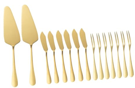 SHINEOFI Spatules à Gâteau Multifonctions En Acier Inoxydable Doré – 2 Pelles à Gâteau, 6 Fourchettes à Fruits, 6 Couteaux à Beurre – Ustensiles Cuisine Pour Pâtisserie Et Service En Fête