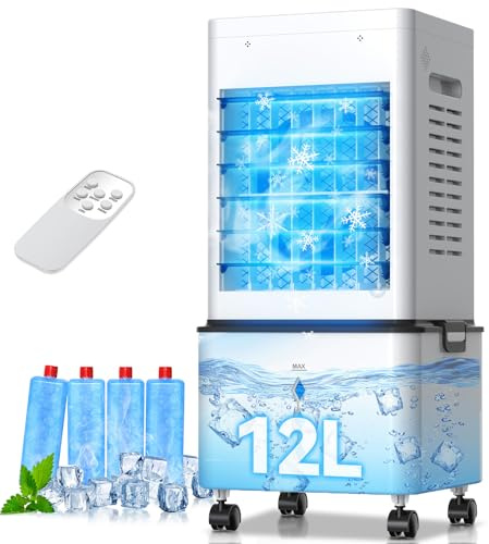 Portable Air Conditioner, Mobile Air Conditioning Unit Humidifier Cooling Fan, 12L Water Tank, 3 Mode & 6 Speed, 60° Oscillation, 24H Timer, Remote Control, Quiet Evaporative Cooler for Home Office