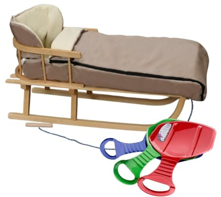 BirnePower Holzschlitten 90cm mit Rückenlehne und Winterfußsack 108cm in Mokka – Komplettset inkl. Zugseil & Gurt, Rodelschlitten aus Buchenholz (Mokka 108cm)