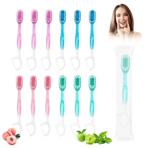Kinesgsg Set med 12 mini 5-i-1 bärbara engångstandborstar med tandkräm, individuellt förpackade, mini tandborste att ta med tandkräm, knappar, tungskrapa, tandtråd | med tandkräm, finnar, tungskrapa, tandtråd, minitandborste To Go, individuellt förpackad, fyra smaker
