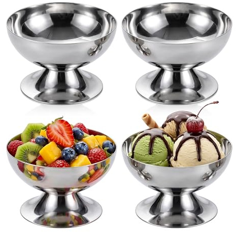 4 Stück Edelstahl Eisbecher mit 4 Gabeln: Ø 10cm 200ml Edelstahl Dessertschale, Ice Cream Sundae Dessertgläser Cocktail Gläser mit Fuß für Obst Salat Joghurt und Fruchtpudding für Partys Gastronomie