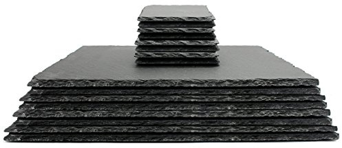 Slate Placemats & Coasters Set 16-Piece – 8 Rectangular Table Mats + 8 Drinks Coasters with Non-Slip Feet | Heat-Resistant Rustic Dining Table Protectors | M&W