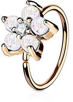 Tapsi´s Coolbodyart® Hoop Ring Nasenpiercing Ohr Cartilage Ring roségold mit Zirkonia und Opal Blume in weiß