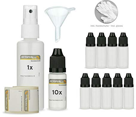 Alcohol-Ink-Flaschenset, 10 x 10 ml Dosierer und 50 ml Spray | Leerflaschen-Set zum Abfüllen, Dosieren und Versprühen von Alcohol Inks und Blending Solution, mit Zubehör.