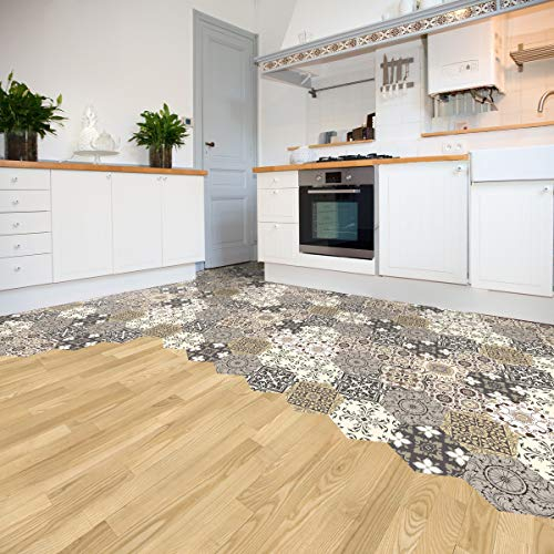Adhesivo para suelo de baldosas de cemento con laminado de protección de plástico | Pegatinas adhesivas de azulejos Hexágonos Suelo resistente al agua – Azulejos adhesivos para suelo – 20 x 18 cm – 10