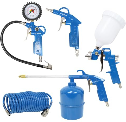 HYUNDAI Kompressor Zubehör SET ACZ55901 (Druckluft Zubehör SET, 5-teilig, bestehend aus Spiralschlauch, Spritzpistole, Sprühpistole, Reifenfüller, Ausblaspistole)