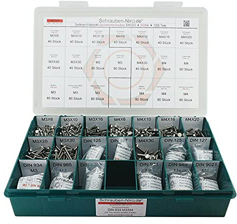 Sortiment M3 + M4 DIN 933 Edelstahl A4 (V4A) Sechskantschrauben mit Gewinde bis Kopf - Set bestehend aus Schrauben, Unterlegscheiben (DIN 125, 127, 9021) und Muttern (DIN 934, 985) - 1200 Teile