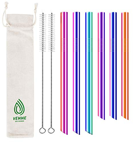 VEHHE Bubble Tea Strohhalme Wiederverwendbar, 6er Set 24cm/21cm Strohhalm Edelstahl, 12mm Extra Breite Metall Trinkhalme mit 2 Reinigungsbürsten, Ideal für Smoothie, Boba und Bubble Tea Perlen