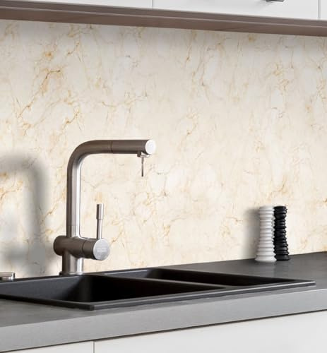 MyMaxxi Küchenrückwand selbstklebend - Matte, versteifte Spritzschutz Folie als günstige Alternative zu Glas, einfache Montage & leichte Reinigung - 60 cm hoch - Motiv: Marmor beige hell 220 x 60 cm