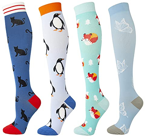 4 Paar Kompressionsstrümpfe für Damen und Herren Bunte Kompressionssocken mit 15-25 mmHg Stützstrümpfe für Sport Medizin Laufen Reisen Flug Schwangerschaft Krankenschwester, tiere mehrfarbig, L-XL