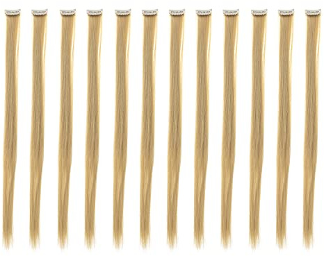 SWACC 12 Pcs Straight One Color Party Highlights Clip on in Hair Extensions For Women Colored Hair Streak Synthetic Hairpieces (Beige Blonde)