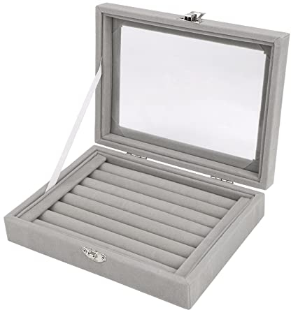 TSLBW Boîte à Bijoux en Velours Organisateur de Bijoux pour Bague Boucle d'oreille Collier Présentoir à Bijoux Boîte de Rangement Vitrine à Bijoux avec Couvercle pour Femme Fille (Ring, Grey)