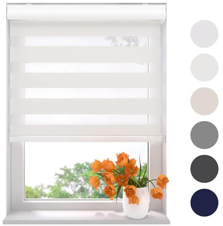 Radeco® Doppelrollo mit Kassette 40 x 130 cm (BxH) schneeweiß, Blickdicht oder Transparent, ohne Bohren möglich, doppelrollo wandmontage, Duo Rollo, doppelrollo 40 cm breit