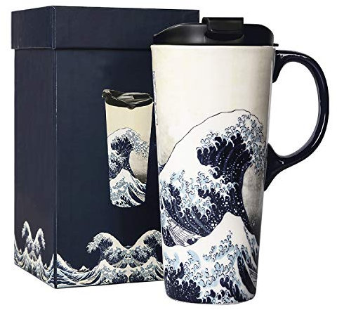 Voltogar 17oz Ceramic Coffee Travel Mug with Handle & Splash-Resistant Slider Lid, Large Capacity Porcelain Tall Tea Wave Art Cup with in Color Box, 6.5 H