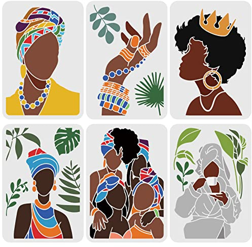 FINGERINSPIRE 6 STÜCKE Afrikanische Stammesfrauen Schablonen 29,7x21cm Tropische Pflanze Kunststoff Schablonen Afrikanische Mädchen Ring Ohrringen Armband Krone Dekorationsvorlage Heimtextilien