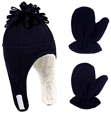 LACOFIA Conjunto de Gorros y Manoplas de Vellón cálido para Bebé Sombrero y Guantes de Piloto con Orejeras Invierno para Niños Pequeños Azul Marino 3-10 años