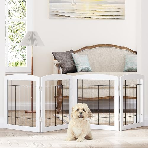 PAWLAND Tråd fristående husdjursgrind för hundar, vikbar hundgrind för huset inomhus, gå över husdjursvalp säkerhetsstaket, dörröppning, trappor, 203 cm bred, 61 cm höjd 4 paneler, vit