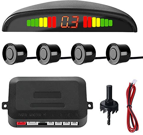 MOCNT Auto Einparkhilfe 4 Hinten Sensoren Rückfahrhilfe Kfz Rückfahrwarner Einparksystem Parksensoren Rückwärtsparkhilfe 12V LCD Display Buzzer Alarm Warnung Schwarz