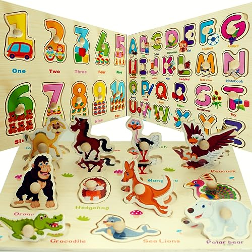 FUNTECH Set mit 3 holzpuzzle 1 Jahr, 2 und 3 Jahren mit Griffen zum Halten der Teile Tier, Alphabet und Zahlenpuzzle, Montessori steckpuzzle, Lern und Frühförderungsspielzeug, Geschenke für Kinder
