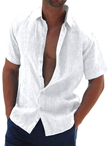 Halfword Chemise Lin Homme Manches Courtes Eté Coton Chemise Casual Boutons Uni Plage Hawaïenne Blanc XXXXL