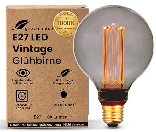 greenandco Vintage Design LED Birne zur Stimmungsbeleuchtung | E27 G95 | smoke | 4W 100lm | 1800K extra warmweiß | 320° | 230V | flimmerfrei | nicht dimmbar | Edison Glühbirne