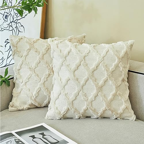 Ci & Ci 2er Set Boho Deko Kissenbezug 40x40 cm, Beige Kissen Sofakissen Dekokissen Zierkissen, Flauschig Kissenbezüge Kissenhülle für Sofa Couch