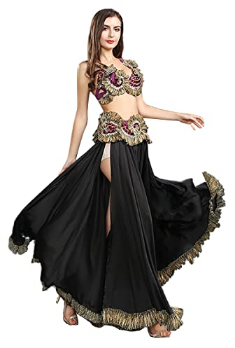 AGAATI Bauchtanz-Kostüm für Damen, Set, Bauchfreies Top, BH und Gürtel, Schlitz, Langer Tanzrock, Karneval, Halloween, Outfit, Party, Festival, Kostüm-Set für Damen und Mädchen (schwarz, L)