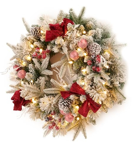AMERZEST Pre-lit Snow Christmas Wreath with Red Balls,Berries and Bows,24 Inch 50 Battery Operated LED Lights,Holiday Decoration for Front Door Outdoor