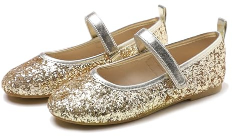 Feversole Girls Cute Dress, Mädchen süßes Kleid Mary Jane Schuhe weiche Party Urlaub Ballerinas Gold Funkeln Größe 30 EU