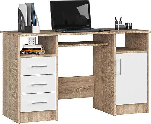 Happy Babies PC-Schreibtisch Ana mit Tastaturablage Computertisch 124x74x52 cm Bürotisch mit Schubladen und Ablagefach mit Tür Bürobedarf Sonoma Eiche/Weiß