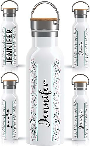 OWLBOOK Rosa Schnörkelschrift Trinkflasche personalisiert Erwachsene Frauen Edelstahl 600ml - Thermo Wasserflasche auslaufsicher schadstofffrei wiederverwendbar BPA frei - für Büro Sport & Outdoor