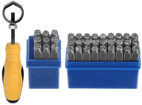QUARKZMAN 36Stk Metall Stempeln Kit 3/16 (5mm) (A-Z 0-8 & Symbol) Stahl Buchstabe Locher Drücken Werkzeug mit Halter Aufstempeln Metall Plastik Holz Leder Silber