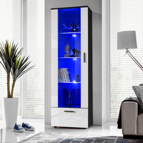 Komodee, Vitrine Schrank Alessandria, Schwarz/Weiß, Breite 60cm x Höhe 192cm x Tiefe 42cm, LED Blau, 3 Glasböden, 1 Regal aus laminierter Platte, für Wohnzimmer, Schlafzimmer