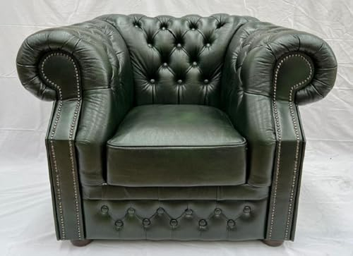 Casa Padrino Luxus Chesterfield Leder Sessel Grün/Dunkelbraun 110 x H. 85 cm - Chesterfield Echtleder Wohnzimmer Sessel - Chesterfield Möbel - Echtleder Möbel - Luxus Möbel