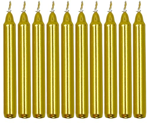 MIJOMA Lot de 10 bougies festives pour sapin de Noël, pyramide, en cire, pour sapin de Noël, fêtes d'anniversaire et tartes, longue durée de combustion, diamètre : 11 x 105 mm, doré métallisé