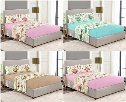 Textile Trends 4pc Olivia Flannelette Sheets Set (Fitted Sheet, Flat Sheet + Pillowcases) 4pc Printed Soft Warm 100% Brushed Cotton Thermal Top Bottom Bed Sheet Sets (Olivia - Pink, King Set 4 Piece)