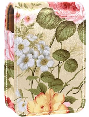 Travel Lipstick Organizer Case,Lipstick Case Portable Makeup Bag with Mirror,Vintage Flowers Leaves Pink Plant