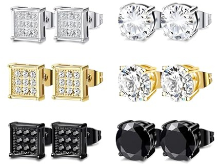 HinDaLi Pendientes de Botón para Hombre y Mujer en Acero Inoxidable - Diamante Dorado, Negro, Oro, Plata Pequeños