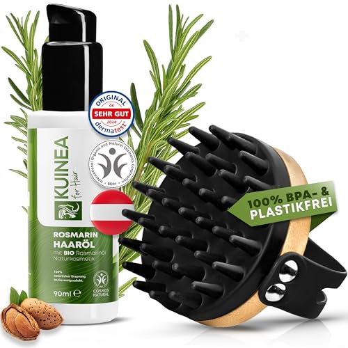 KUINEA® Doppelpack 90ml Bio Rosmarinöl für Haare aus den Tiroler Alpen & Kopfhaut Massagebürste - 100% Naturrein - Haarwachstum beschleunigen, Dermatologisch Getestet - scalp massager, rosemary oil