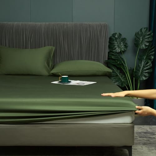 Resårlakan 180 x 200 bambu grön olivgrön kylande ventilerande lakan 50 % bambu och mikrofiber dra-på-duk 180 x 200 dubbelsäng, enfärgad, linne för hög madrass, hög tjocklek upp till 25–30 cm