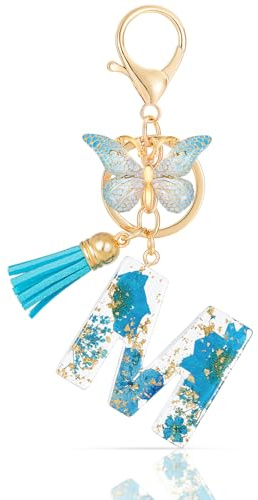 MWOOT Letter Keychain Initiale Schlüsselanhänger Buchstabe M,Alphabet Harz Blume Key Chain mit Schmetterling Quaste Anhänger Handtasche Geldbörse Charm,Blau Blütenblatt Keyring für Frauen (M)