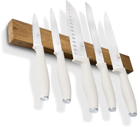 Berlinger Haus Sahara Collection Sahara Lot de 6 couteaux en acier trempé inoxydable 3cr13 avec porte-couteaux magnétique en bois d'acacia, crème mate