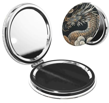 DWVTFSM Schwarzer Orientalischer Drache, Taschenspiegel, kleiner Reise-Make-up-Spiegel, 2-fache, 1-fache Vergrößerung, tragbarer Klappspiegel, leicht, Metall, Kosmetik-Taschenspiegel für Frauen,