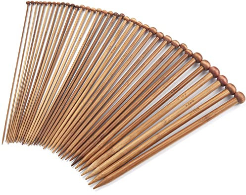 Bambus Stricknadeln set für Anfänger, Nadelspiel Einspitzige, Stricknadel für Socken, Schal, 18 Paar 25 cm Lang 2.0-10.0 mm dünn zu groß Gerade Stricknadeln Holz Mit Griff für Pullover, Handschuhe
