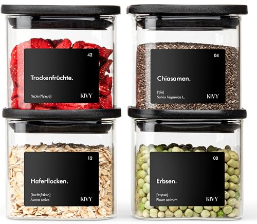 KIVY Vorratsgläser eckig [4x400ml] + Etiketten - Stapelbare & Luftdichte Aufbewahrungsgläser mit Deckel - Kleine Schwarze Vorratsgläser - Eckige Vorratsdosen mit Deckel Luftdicht Glas